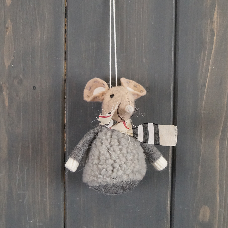 Small Grey Fabric Hanging Mouse with Tartan Scarf (8cm) detail page